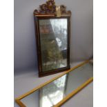 ANTIQUE MAHOGANY WALL MIRROR and a modern teak example, 82 x 44cms and 122 x 31cms respective