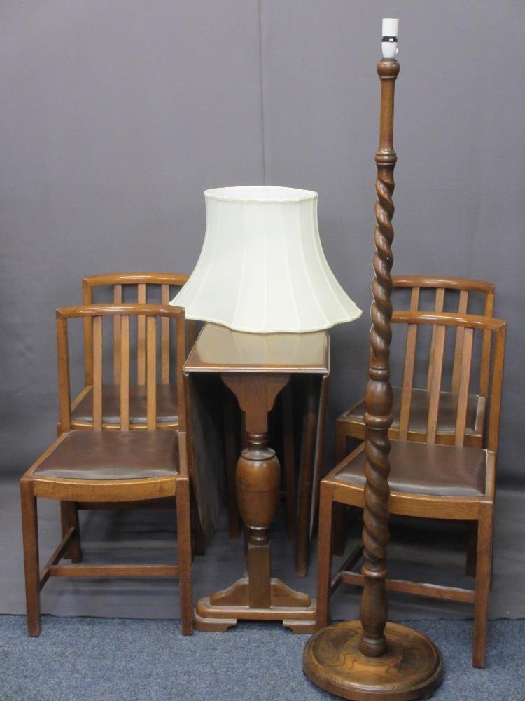 POLISHED GATE-LEG TABLE & A SET OF FOUR CHAIRS, 76cms H, 91cms W, 38cms D closed, 154cms open and