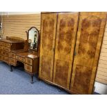 BURR WALNUT CROSSBANDED BEDROOM SUITE comprising triple wardrobe, 211cms H, 160cms W, 62cms D,