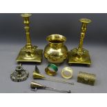 TWO EARLY SQUARE BASE CANDLESTICKS and other brassware, 22 and 21cm heights the sticks