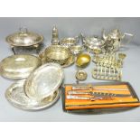 THREE PIECE TEASET, entree dishes and other items of EPNS metalware (within 2 boxes)