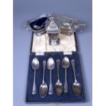 MATCHED THREE PIECE CONDIMENT SET and a cased set of six teaspoons, 11.2 troy ozs gross weighable,