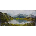 CHARLES WYATT WARREN unframed oil on board - a Snowdonia lake with silver birch trees to the fore,