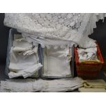 ANTIQUE & LATER HOUSEHOLD LINEN ETC (within 2 lidded plastic crates and a basket)