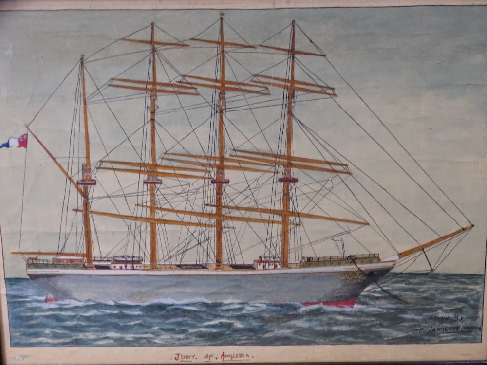 T LAWRENCE EDWARDS watercolour - the four-master at sea 'Jenny off Anglesey', signed, 35 x 47cms