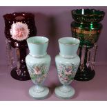 TWO VICTORIAN GLASS LUSTRES and a pair of enamel decorated Milk glass vases