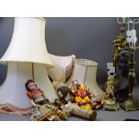FIVE MODERN DECORATIVE TABLE LAMPS & FOUR SHADES, vintage type dolls, a quantity