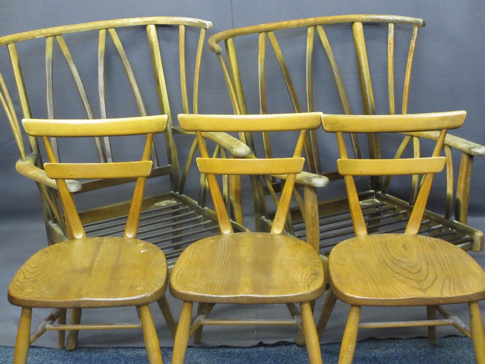 ERCOL ORIGINALS LIGHT ELM DINING CHAIRS (3) and a pair of vintage wing back easy chairs