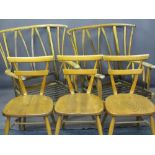 ERCOL ORIGINALS LIGHT ELM DINING CHAIRS (3) and a pair of vintage wing back easy chairs