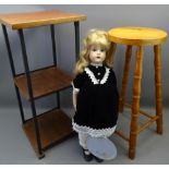 MODERN JANE DAVIES PORCELAIN HEADED DOLL in vintage style clothing, 70cms L, a three-tier wooden and