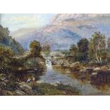 LLOYD oil on canvas - depicting a fisherman and figures beside a river with arched bridge and