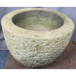 LARGE STONE MORTAR/GRINDING VESSEL ORNAMENTAL GARDEN ITEM, 40cms H, 58cms Diameter