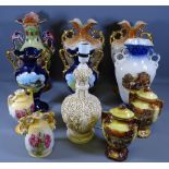 VICTORIAN POTTERY DECORATIVE VASES, a quantity, three pairs with others