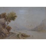ANTHONY VANDYKE COPLEY FIELDING watercolour - lake scene with two figures fishing on a track, signed