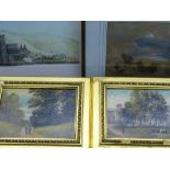 M DONAT gilt framed oils on board, a pair - depicting figures in a rural landscape and ditto on a