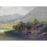 MILLSON HUNT oil on canvas - titled verso 'In North Wales', showing a lone fisherman by a lake