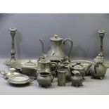 VINTAGE PEWTER & OTHER METALWARE ITEMS including a pair of candlesticks, teaset items, warming