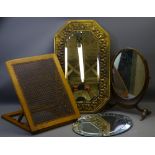 VINTAGE CANEWORK BACK REST, brass framed wall mirror and one other with an oval mahogany toilet