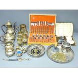 CASED CUTLERY, FOUR PIECE TEASET & TRAY and other items of EPNS and brassware
