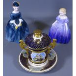 TWO ROYAL DOULTON LADY FIGURINES and a Spode bone china gilt decorated cup cover and saucer, the