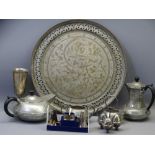 BEATEN PEWTER FOUR-PIECE TEASET, EP CONDIMENT SET, Persian style white metal tray ETC