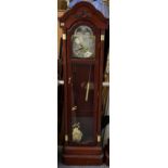 REPRODUCTION MAHOGANY GRANDMOTHER CLOCK 'C Wood & Son' to the arched dial, double weighted with