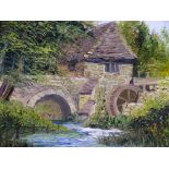 ANN CELIA oil on board - an old style mill with water wheel and bridge, 24.25 x 34.5cms