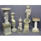 GARDEN STONEWARE - a good assortment of bird baths and ornaments, 123cms the tallest (as per image)