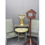 GARDEN FURNITURE - metal table, decorative pedestal, lightweight modern chairs, bird house and a