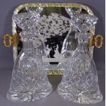 VINTAGE DECORATIVE TWIN-HANDLED DRINKS TRAY with a pair of modern bell shape lead crystal