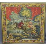 VINTAGE STYLE WOOLWORK TAPESTRY of a classical style hunting scene, 118.5 x 126cms, mounted on a