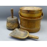 ANTIQUE WOODEN LIDDED SALT BUCKET & SCOOP and a carpenter's/mason's mallet