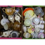 VICTORIAN & LATER TEAPOTS, decorative cabinet mugs, lustre candlesticks, Carltonware ETC (2 boxes)