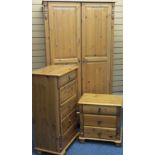 MODERN PINE BEDROOM FURNITURE comprising wardrobe, 185cms H, 100cms W, 59cms D and two narrow