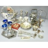 SPIRIT KETTLE ON STAND, BUTTER DISH, other items of EPNS and metalware (within 2 boxes)