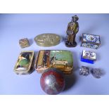 ANTIQUE & LATER METALWARE BOXES FOR SNUFF/PILLS with a small bronze figure of a Night Watchman,
