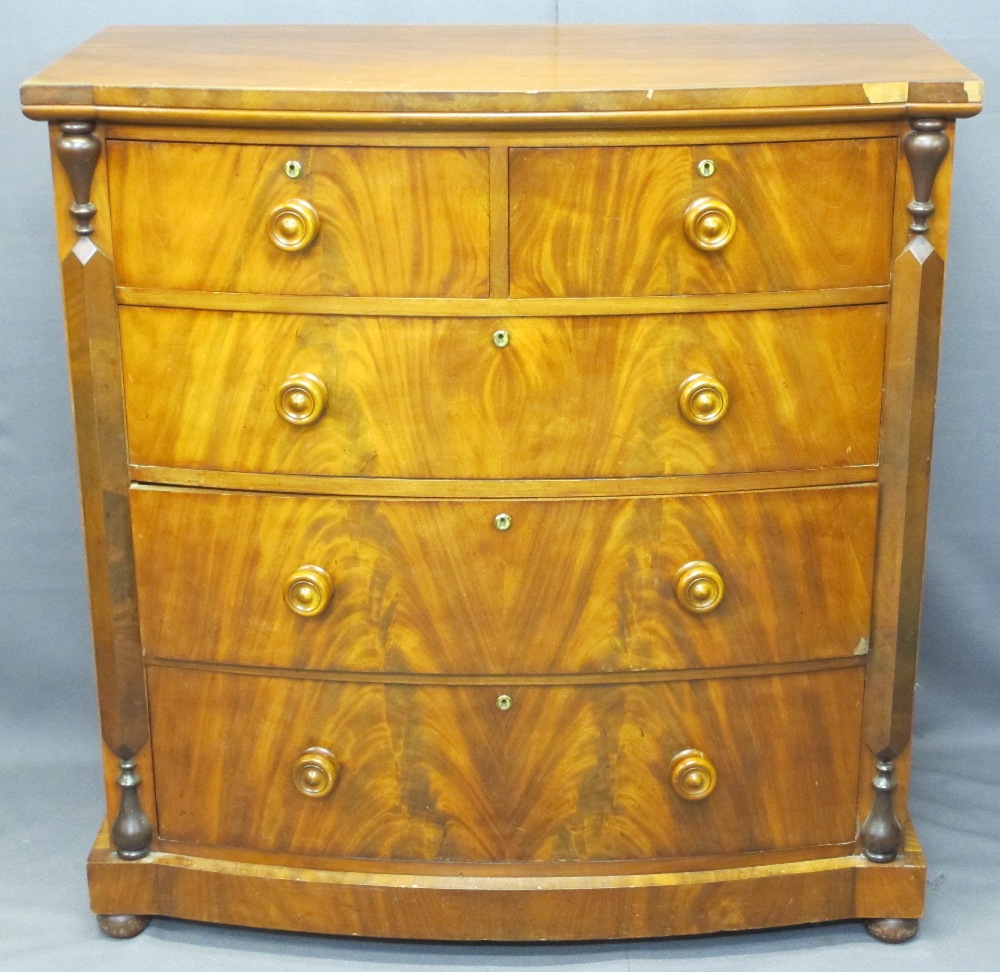 VICTORIAN MAHOGANY BOW FRONTED CHEST of two short over three long drawers, 111cms H, 106cms W, 58cms