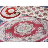 CHINESE WASHED RUGS, oval - 155 x 93cms, circular - 85cms diameter and a tapestry
