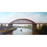 19TH SCHOOL oil on canvas - through arch steel railway bridge, 29 x 59cms