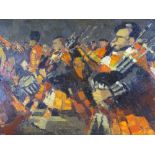 MILLICENT E AYRTON RCA oil on board - Scottish pipe band in full flow, signed and entitled label
