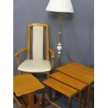 MID-CENTURY TEAK PARCEL including nest of three tables, magazine rack, a chair and a standard lamp