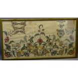 18TH CENTURY NEEDLEWORK SILK PANEL, labelled to the front 'This was worked for the front of a