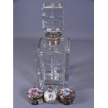 SILVER MOUNTED GLASS & PORCELAIN to include a square cut decanter with hallmarked collar and a