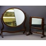 TWO ANTIQUE MAHOGANY SWING TOILET MIRRORS, 50 and 35cm heights