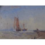THOMAS SEWELL ROBINS watercolour - yacht with figures by a wooden quay and distant shipping,