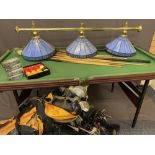 6FT SNOOKER TABLE & ACCESSORIES, triple overhanging light along with three bagged sets of golf clubs