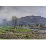 ROBERT DOBSON watercolour - expansive land and river scape with cattle watering and figures with dog