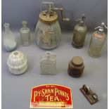 VINTAGE BOTTLES & ADVERTISING GOODS including a glass panel 'We Sell Py-Shan Points Tea', glass