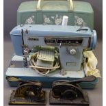 JONES ZIG ZAG ELECTRIC SEWING MACHINE IN CASE WITH FOOT PEDAL and two vintage cast iron desk