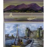 J DAVIES oil on board - Caernarfon Castle and Harbour with boats, signed and dated 1974, 44 x
